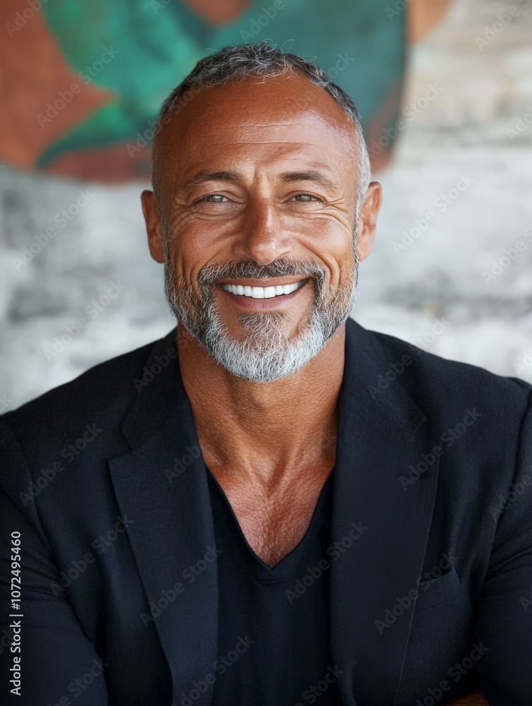 A smiling, confident man in a black blazer exudes charisma and warmth, highlighted by his friendly demeanor and the ambient stylish setting around him. A smiling, confident man in a black blazer exudes charisma and warmth, highlighted by his friendly demeanor and the ambient stylish setting around him.