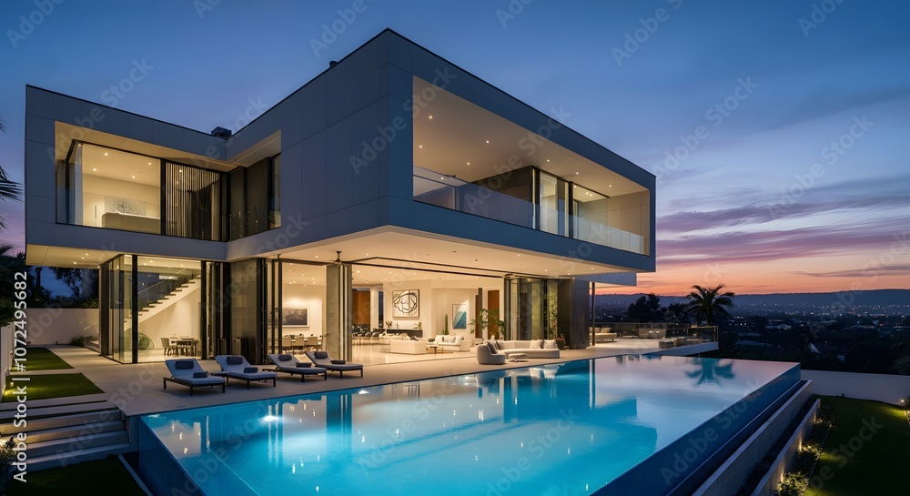 Obraz premium Modern house with pool, luxurious villa with swimming pool at dusk, Luxurious villa with a swimming pool and spacious patio, highlighting elegant and modern architectural design.