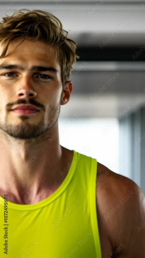 A Caucasian man in a yellow athletic tank top exudes fitness and determination indoors A Caucasian man in a yellow athletic tank top exudes fitness and determination indoors