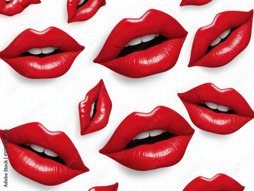 Fototapeta premium Red lipstick mark kiss isolated on transparent white background, png Lipstick kiss mark