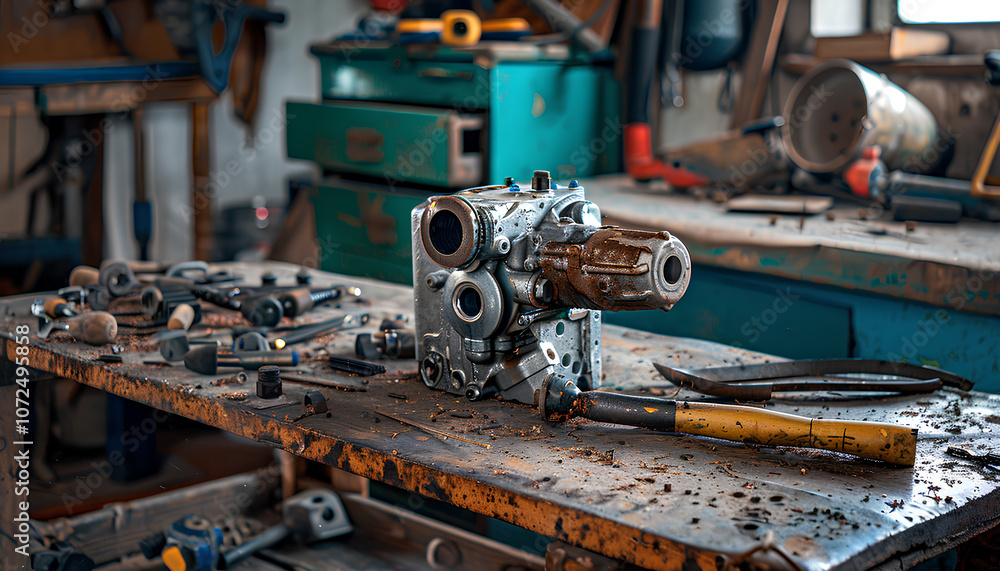 Repair of a petrol trimmer engine cylinder on a workshop table by a repairman Repair of a petrol trimmer engine cylinder on a workshop table by a repairman