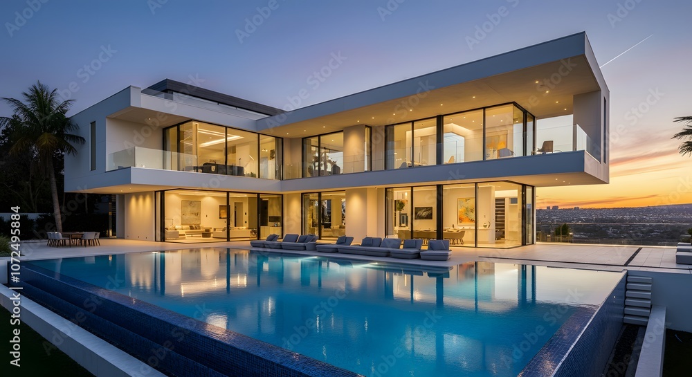 Obraz premium Modern house with pool, luxurious villa with swimming pool at dusk, Luxurious villa with a swimming pool and spacious patio, highlighting elegant and modern architectural design.