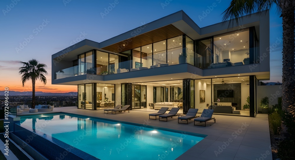 Modern house with pool, luxurious villa with swimming pool at dusk, Luxurious villa with a swimming pool and spacious patio, highlighting elegant and modern architectural design. Modern house with pool, luxurious villa with swimming pool at dusk, Luxurious villa with a swimming pool and spacious patio, highlighting elegant and modern architectural design.