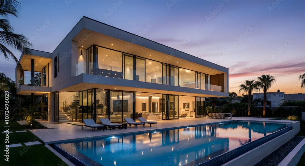 Obraz premium Modern house with pool, luxurious villa with swimming pool at dusk, Luxurious villa with a swimming pool and spacious patio, highlighting elegant and modern architectural design.
