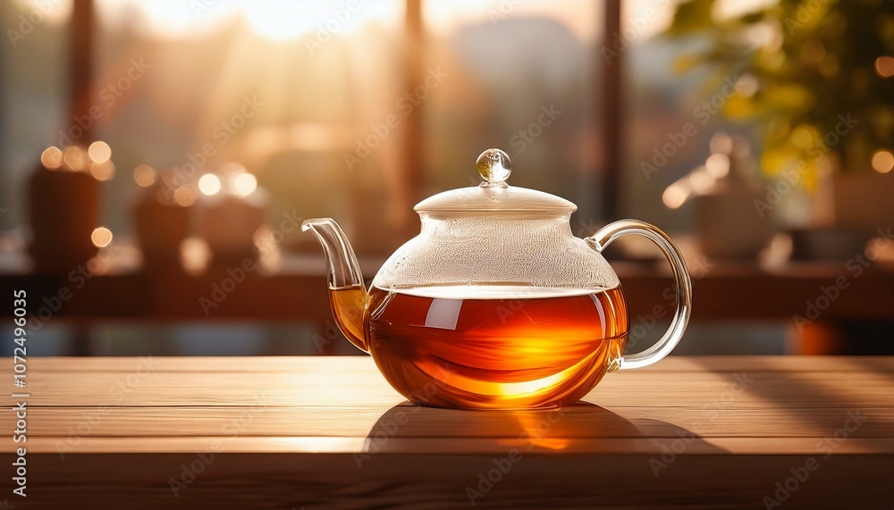 glass teapot holding freshly brewed tea on wooden table in sunlight creates a cozy atmosphere glass teapot holding freshly brewed tea on wooden table in sunlight creates a cozy atmosphere