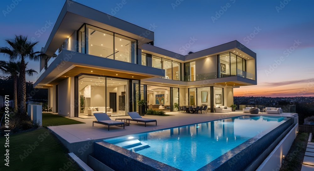 Fototapeta premium Modern house with pool, luxurious villa with swimming pool at dusk, Luxurious villa with a swimming pool and spacious patio, highlighting elegant and modern architectural design.