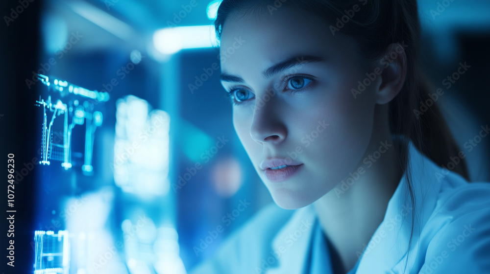 Engineer woman testing a robotic arm in a high-tech lab, expression focused and determined Engineer woman testing a robotic arm in a high-tech lab, expression focused and determined