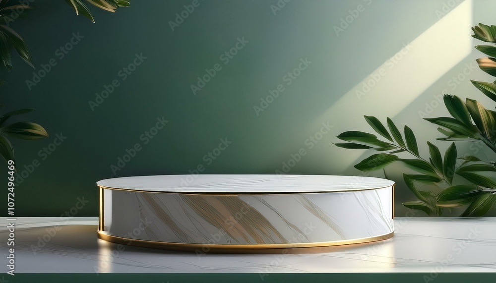 Elegant marble podium on green backdrop Elegant marble podium on green backdrop