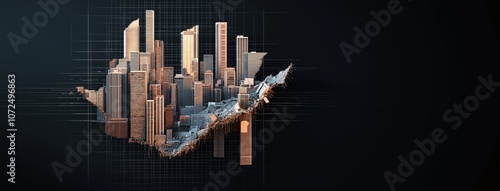 A futuristic cityscape with towering skyscrapers emerging from a digital grid, representing modern urban architecture and technological advancement. photo