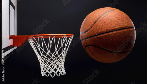 Basketball and Basketball Hoop floating or flying, isolated on a Dark black