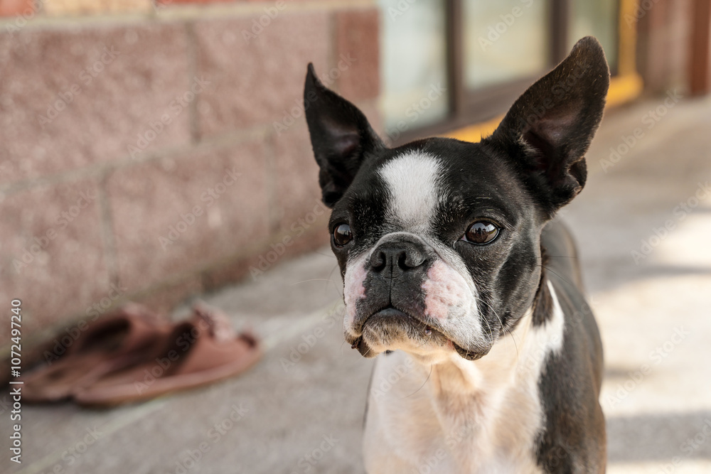 A beautiful portrait of a Boston terrier dog outside. A beautiful portrait of a Boston terrier dog outside.