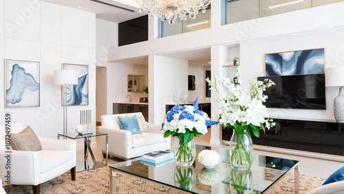 Elegant Home Interior with Sophisticated Glassmorphism Design Elements Featuring White and Blue Floral Arrangements photo