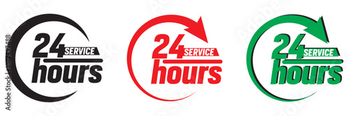 24 hour assistance icons. 24 hours 7 days in week support icons. Vector images