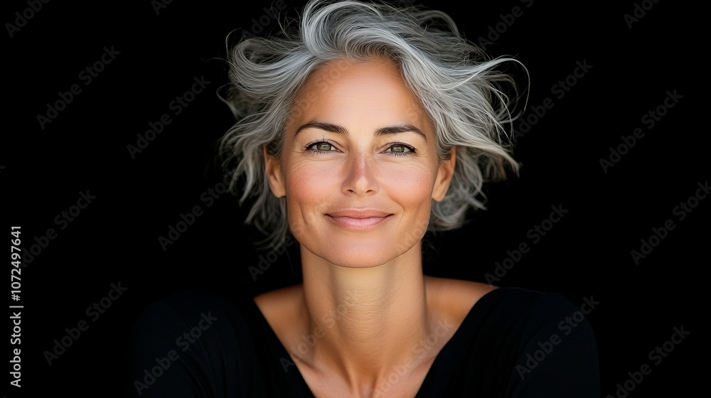 A confident and sophisticated woman with wavy gray hair and a serene smile, exuding elegance and charm in a minimalist monochrome setting. A confident and sophisticated woman with wavy gray hair and a serene smile, exuding elegance and charm in a minimalist monochrome setting.