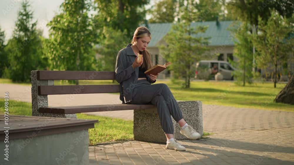 Lady eating a snack while reading book outdoors, seated on park bench with crossed leg, surrounded by greenery, trees, and a building in the background Lady eating a snack while reading book outdoors, seated on park bench with crossed leg, surrounded by greenery, trees, and a building in the background