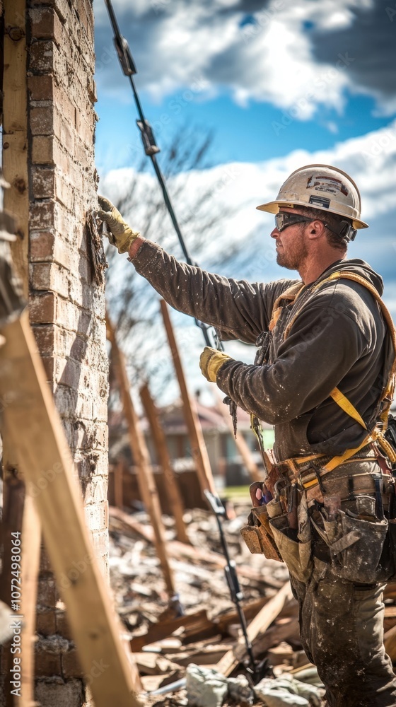 House restoration after tornado construction worker clearing wreckage repairing walls skilled focused steady hands natural lighting shadows hopeful energy lifelike details resilient scene House restoration after tornado construction worker clearing wreckage repairing walls skilled focused steady hands natural lighting shadows hopeful energy lifelike details resilient scene