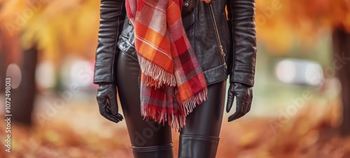 A chic autumn look with a leather jacket, plaid scarf, and knee-high boots photo