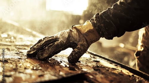 Wallpaper Mural Skilled worker restoring fire-damaged house inspecting framework replacing burned walls focus precision skill strength rebuilding community hope realistic gritty details sunlight effects Torontodigital.ca