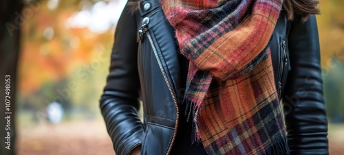 A chic autumn look with a leather jacket, plaid scarf, and knee-high boots photo