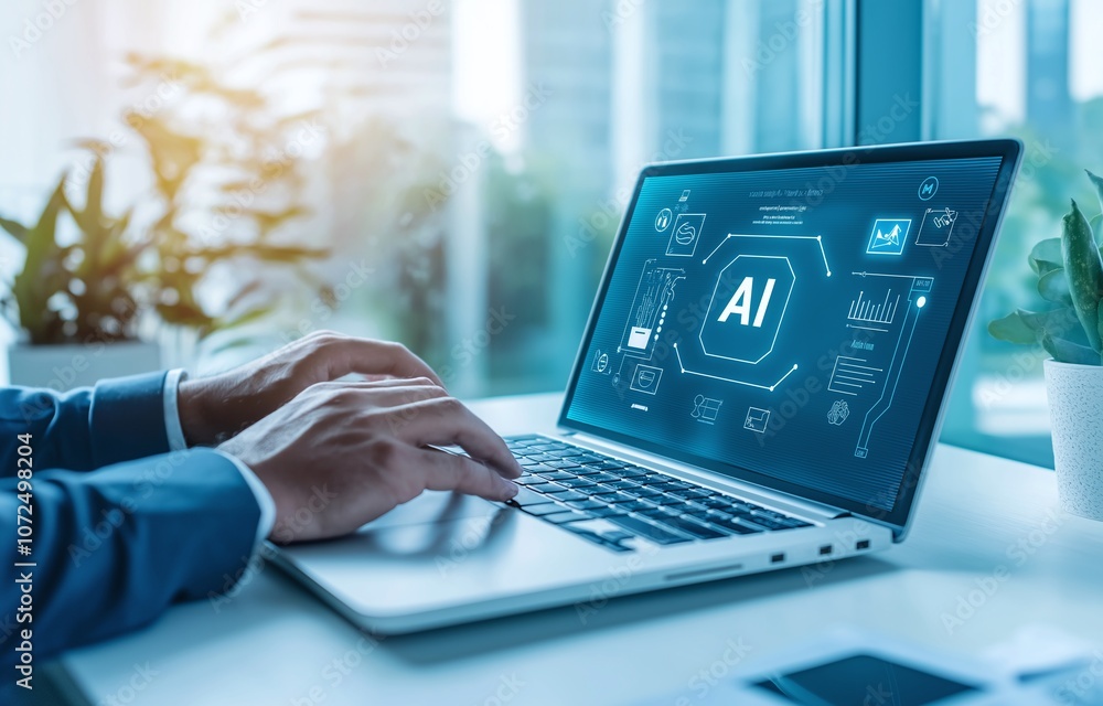 Business professional using a laptop with artificial intelligence interface. Futuristic digital technology and innovation in a modern workspace. AI concepts enhancing productivity.