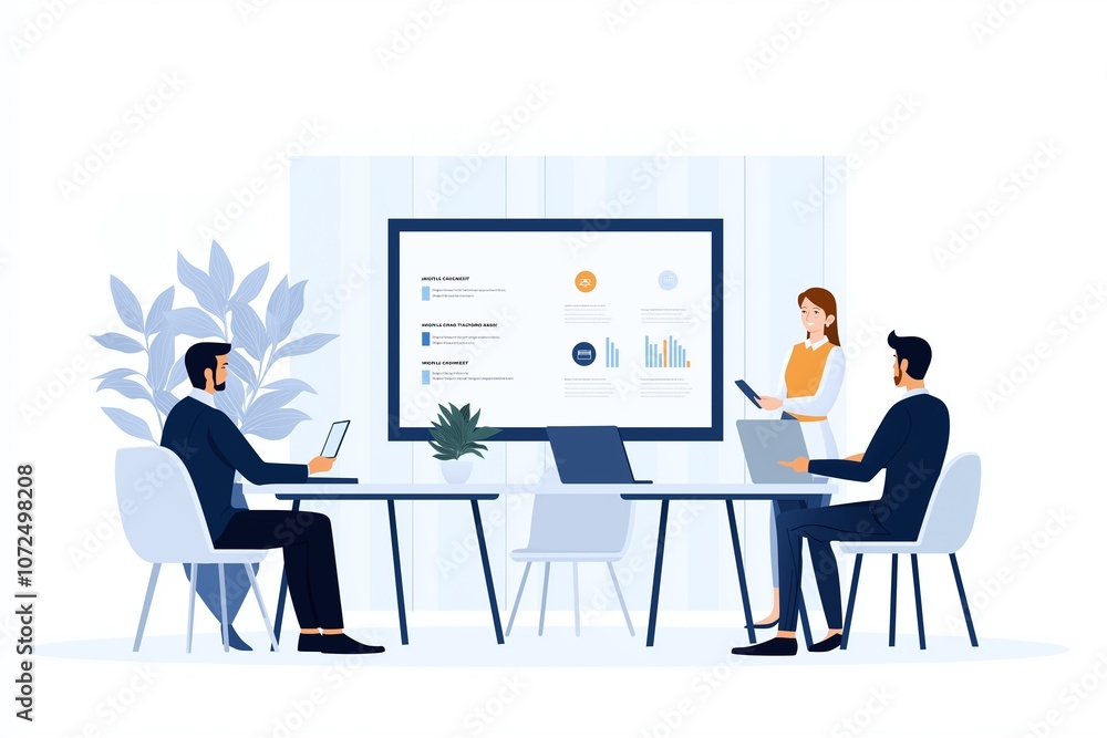Business professionals in a modern office setting discussing strategies at a conference table, using technology for presentations and teamwork. Business professionals in a modern office setting discussing strategies at a conference table, using technology for presentations and teamwork.