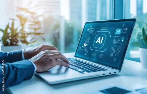 Obraz na płótnie Business professional using a laptop with artificial intelligence interface. Futuristic digital technology and innovation in a modern workspace. AI concepts enhancing productivity. w salonie
