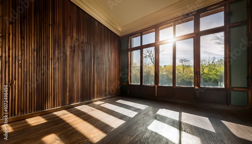 salle vide avec fenetres et mur en bois sombre avec ornements lumiere du soleil traversante eclairant la piece photo