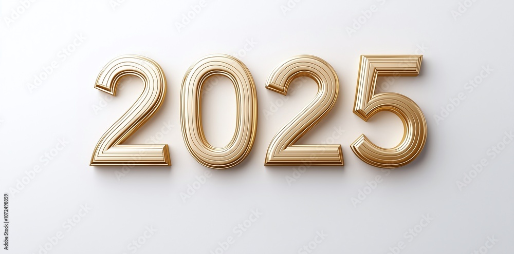 Elegant 3D golden numbers forming '2025' on a minimalist white background, capturing the essence of a modern New Year design. Elegant 3D golden numbers forming '2025' on a minimalist white background, capturing the essence of a modern New Year design.