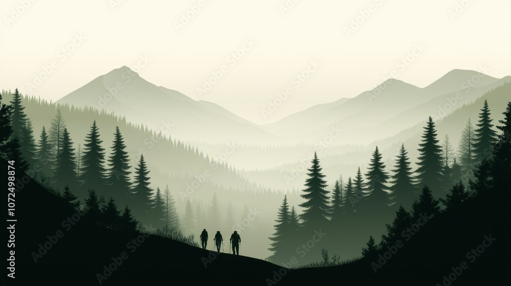 Fototapeta premium Three hikers explore a misty mountain landscape surrounded by dense pine forests, AI