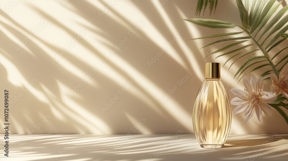 A stylish perfume bottle, mock-up surrounded by soft shadows and tropical leaves, evoking elegance and tranquility. A stylish perfume bottle, mock-up surrounded by soft shadows and tropical leaves, evoking elegance and tranquility.