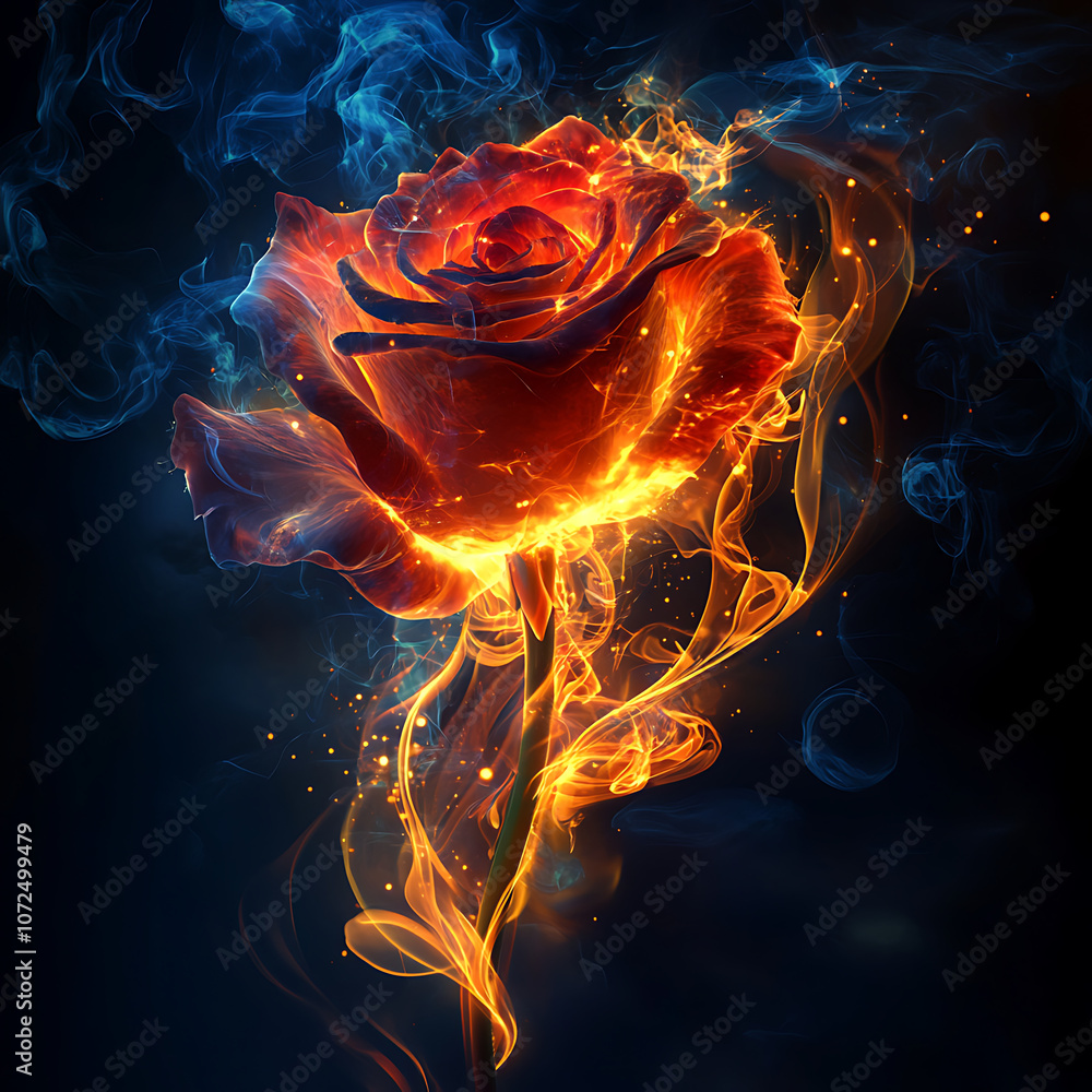 Magical glowing rose petals with burning flames photos Magical glowing rose petals with burning flames photos