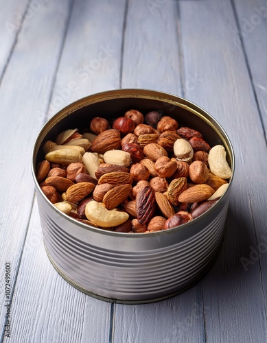 Mixed nuts in a tin can