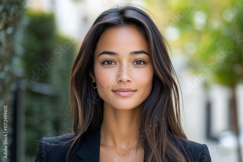 A poised woman with sleek, straight hair is captured in a soft outdoor scene, embodying elegance and confidence in a refined black outfit.