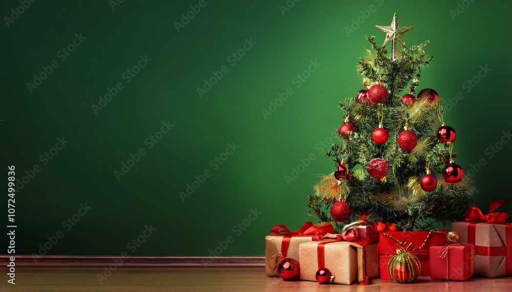 Arbol de navidad, con decoración navideña, fondo verde Arbol de navidad, con decoración navideña, fondo verde