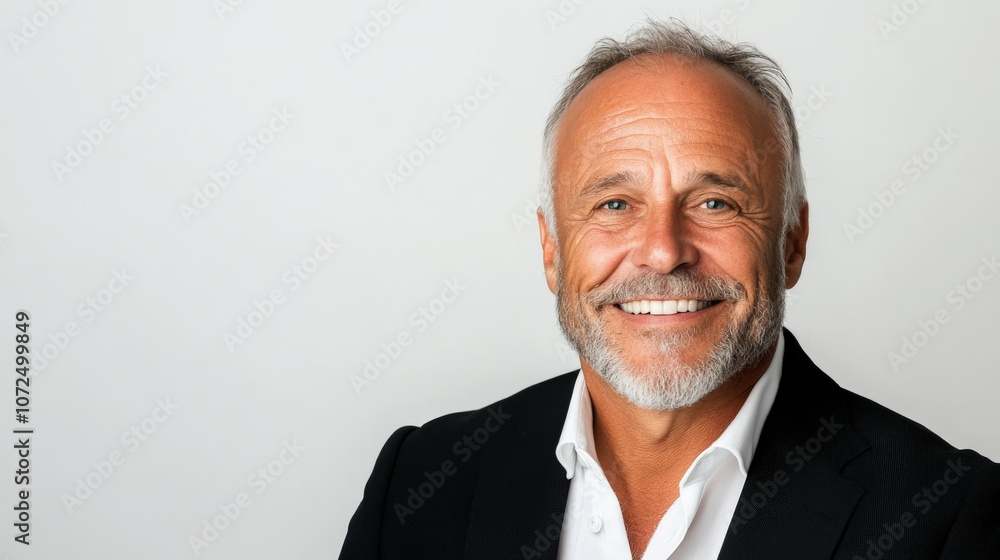 An older man with a friendly smile and silver hair, dressed in a black suit and white shirt, stands against a plain white background, exuding wisdom and experience. An older man with a friendly smile and silver hair, dressed in a black suit and white shirt, stands against a plain white background, exuding wisdom and experience.