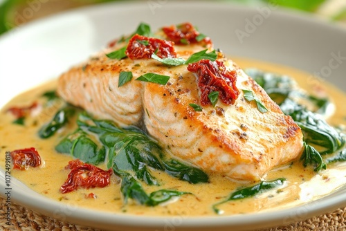 Pan-Seared Salmon with Spinach, Sun-Dried Tomatoes, and Creamy Sauce