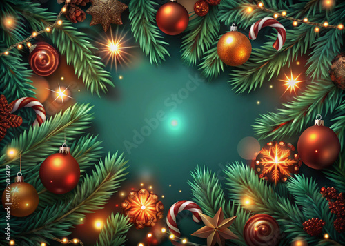 christmas border illustration with fir branches, candy canes, ornaments, and star lights for holiday designs