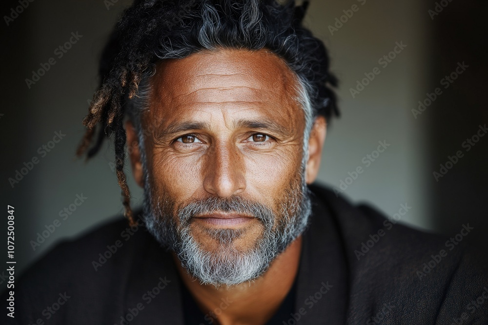 A wise man with salt-and-pepper dreadlocks and a thoughtful expression, conveying strength and experience, is captured against a blurred background indoors. A wise man with salt-and-pepper dreadlocks and a thoughtful expression, conveying strength and experience, is captured against a blurred background indoors.