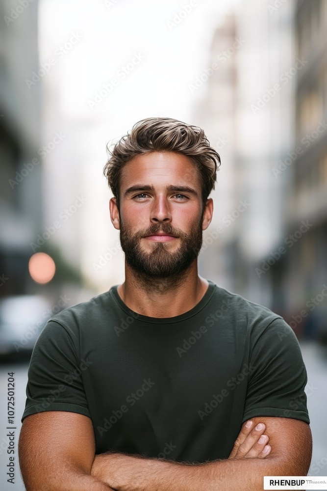 A confident young man with a beard stands in a city street, arms crossed, exuding self-assurance, urban style, and readiness for new opportunities in life. A confident young man with a beard stands in a city street, arms crossed, exuding self-assurance, urban style, and readiness for new opportunities in life.