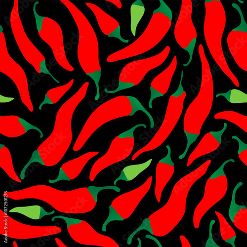 Seamless pattern with hand drawn red and green chili pepper on black background. Design for fabric, kitchen decor, cover, wallpaper packaging paper.