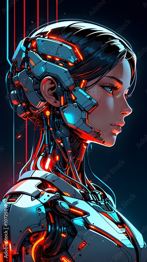 A futuristic android with intricate circuitry and glowing accents gazes contemplatively in a neon-lit urban landscape. Generative AI A futuristic android with intricate circuitry and glowing accents gazes contemplatively in a neon-lit urban landscape. Generative AI