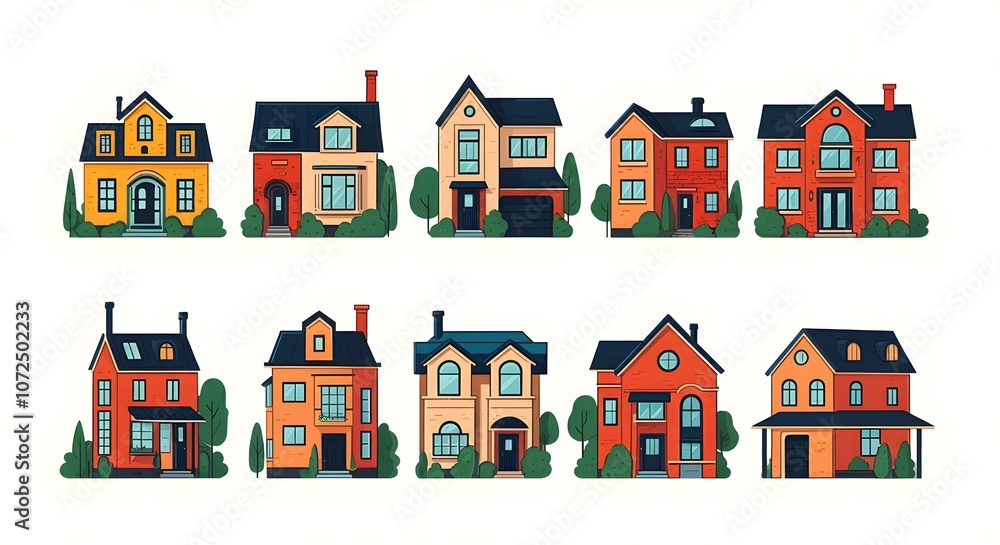 Naklejka premium Modern House Designs for Every Style, Unique Home Illustrations Collection, Vibrant Architectural House Concepts, Minimalist House Designs with Greenery, Colorful Cartoon House Inspirations.
