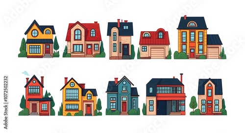Modern House Designs for Every Style, Unique Home Illustrations Collection, Vibrant Architectural House Concepts, Minimalist House Designs with Greenery, Colorful Cartoon House Inspirations.