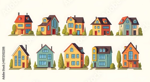 Modern House Designs for Every Style, Unique Home Illustrations Collection, Vibrant Architectural House Concepts, Minimalist House Designs with Greenery, Colorful Cartoon House Inspirations.