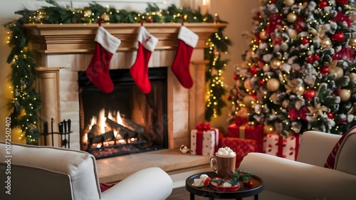 decorated red stockings pine branches golden lights armchairs fireplace hot cocoa marshmallows Christmas tree ornaments presents wrapped in festive paper