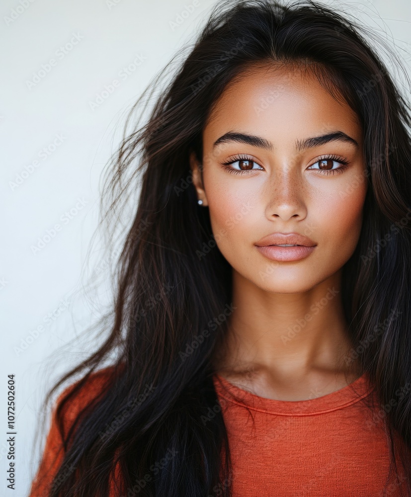 A close-up portrait of a serious young woman with long dark hair, wearing an orange sweater, gazing directly at the camera against a light background. A close-up portrait of a serious young woman with long dark hair, wearing an orange sweater, gazing directly at the camera against a light background.