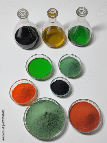 Analytical chemistry reagents: black iron thiocyanate, red potassium hexacyanoferrate, green ferrous sulfate. photo