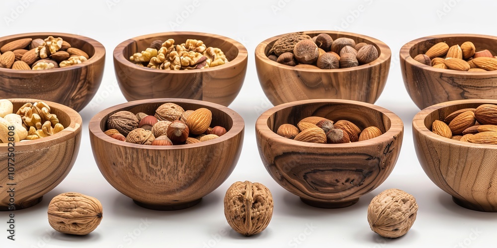 On a white background, nuts are mixed in wooden bowls; each dish contains a different set of nuts, Generative AI. On a white background, nuts are mixed in wooden bowls; each dish contains a different set of nuts, Generative AI.