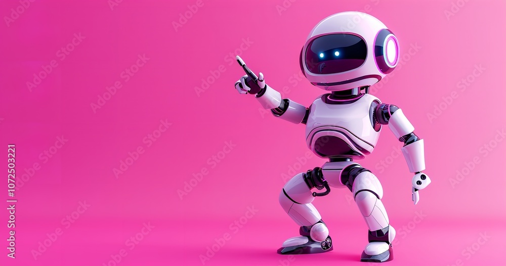 Robot pointing to a space, positive, charming. Space for copying, Generative AI. Robot pointing to a space, positive, charming. Space for copying, Generative AI.