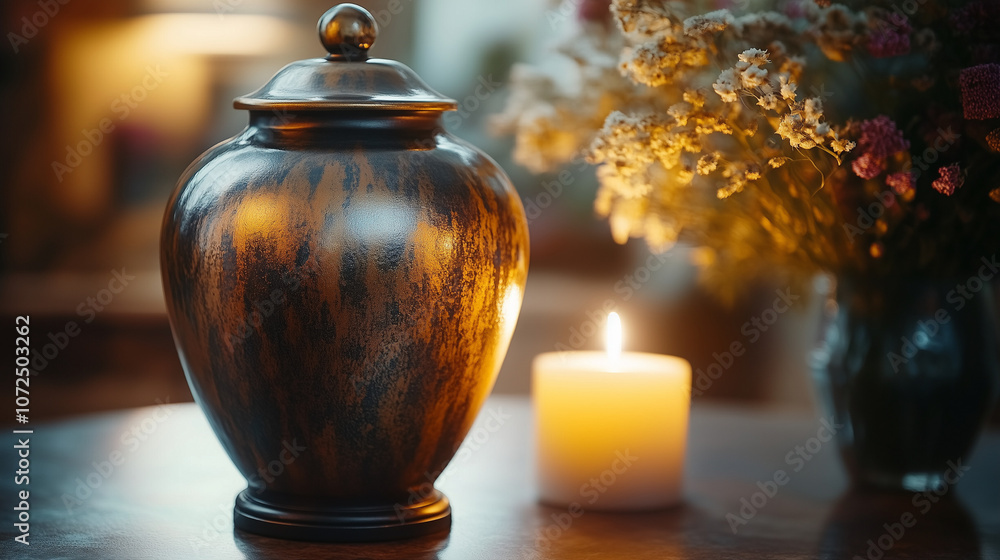 Funeral Urn with Candlelight, Single Lit Candle Casting Soft Glow Funeral Urn with Candlelight, Single Lit Candle Casting Soft Glow